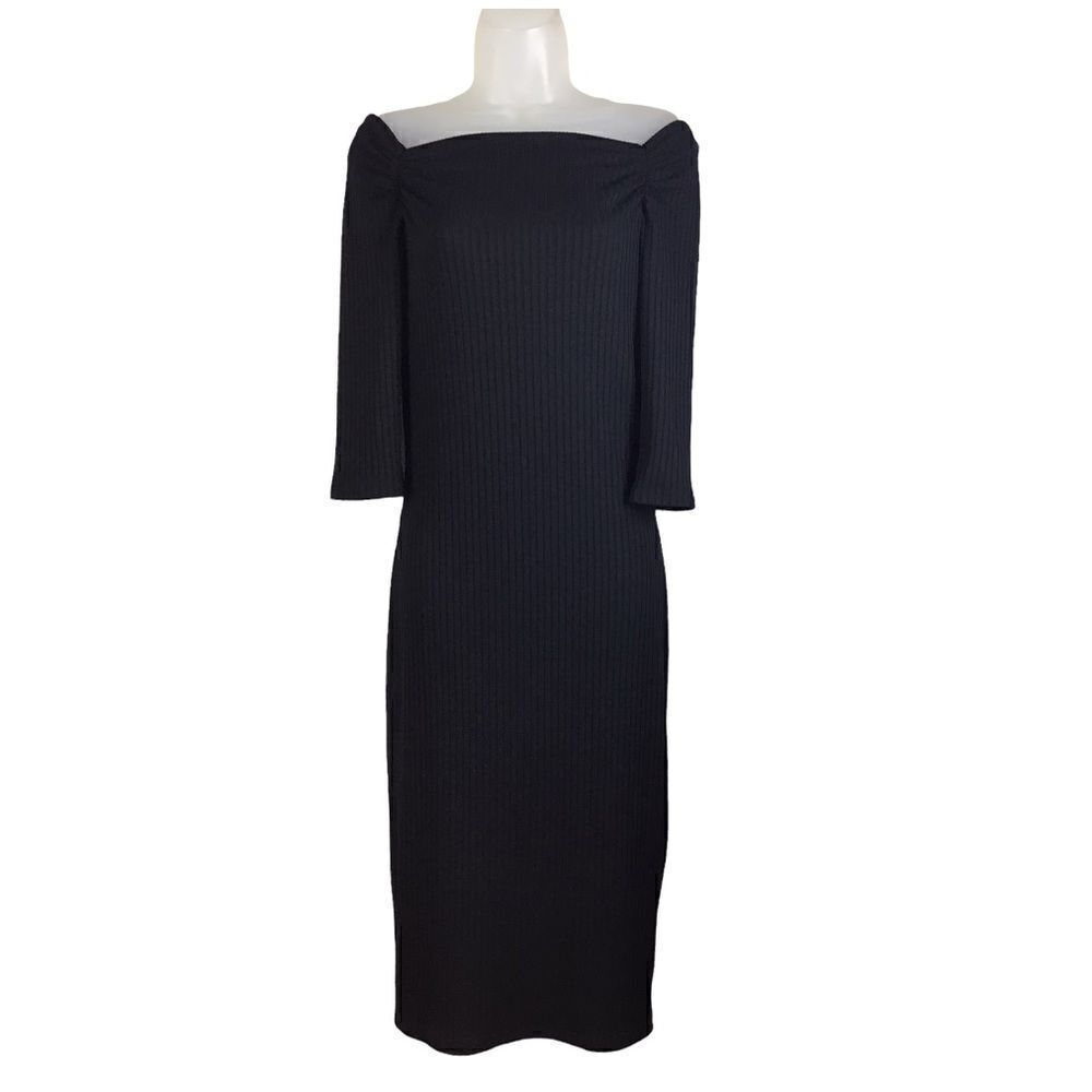 NSR Black Ribbed Bodycon Midi Dress Off Shoulder Size Medium